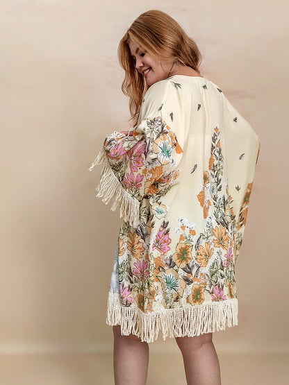 Fringe Printed Open Front Cardigan