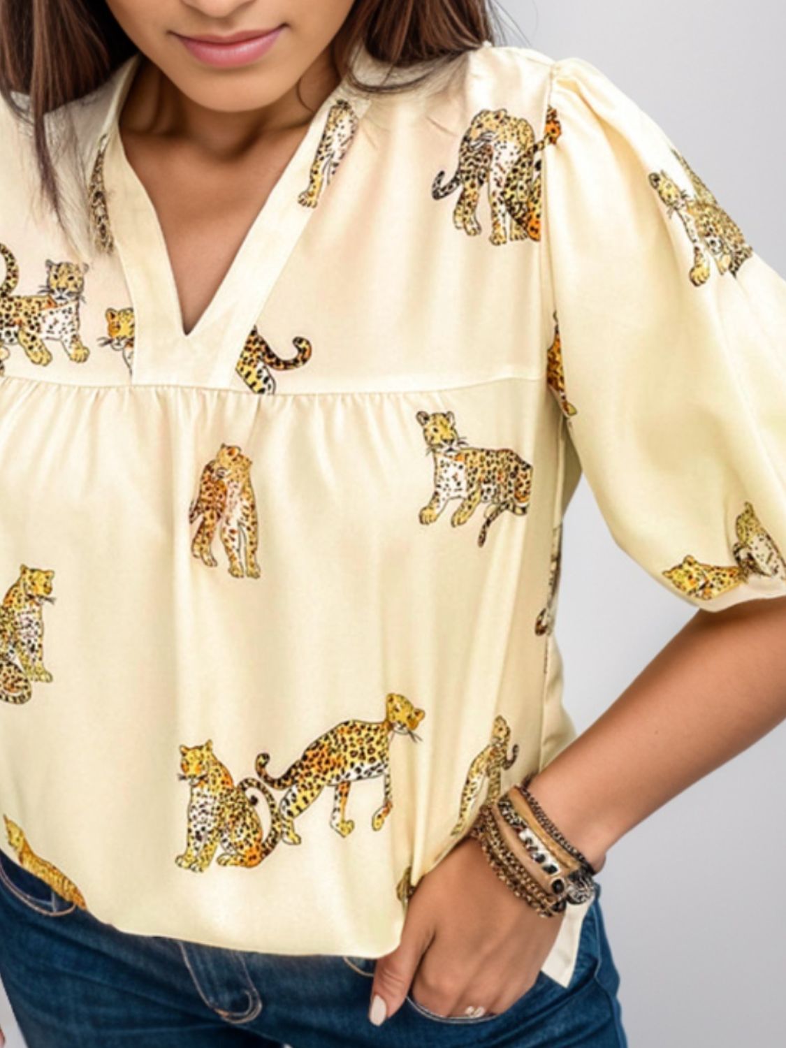 Tiger Printed Notched Blouse