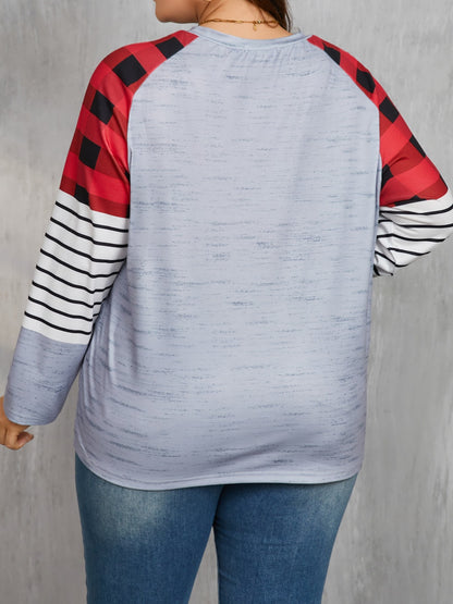 Christmas Tree Plaid Round Neck Long Sleeve T-Shirt