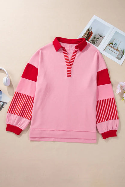 Color Block Johnny Collar Long Sleeve Sweatshirt