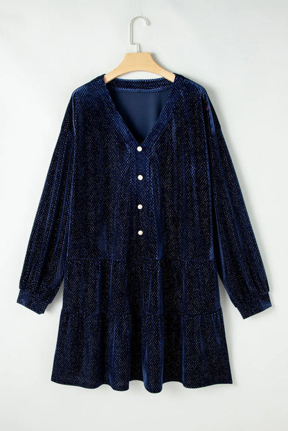 Textured Velvet Decorative Button Long Sleeve Dress