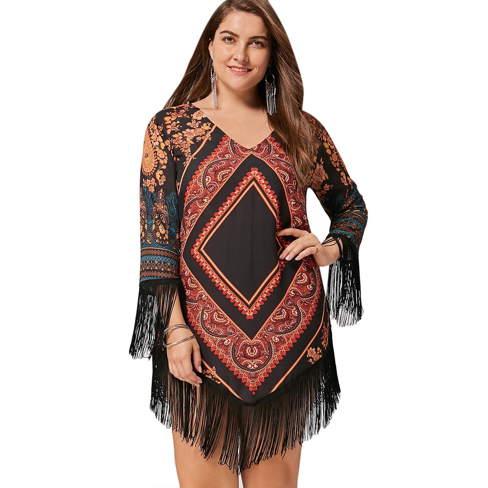 Tribal Printed Chiffon Tassel Dress