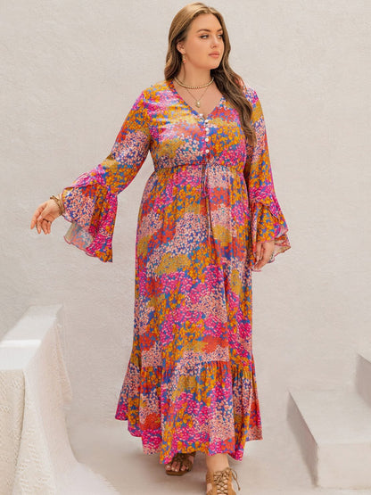 Printed V-Neck Long Sleeve Maxi Dress