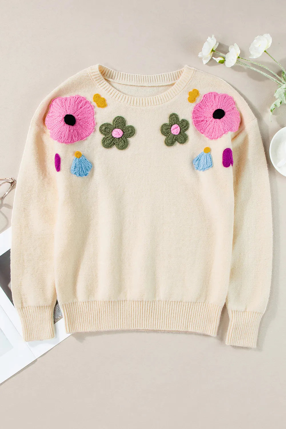 Crochet Flower Round Neck Long Sleeve Sweater