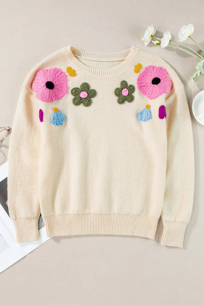 Crochet Flower Round Neck Long Sleeve Sweater