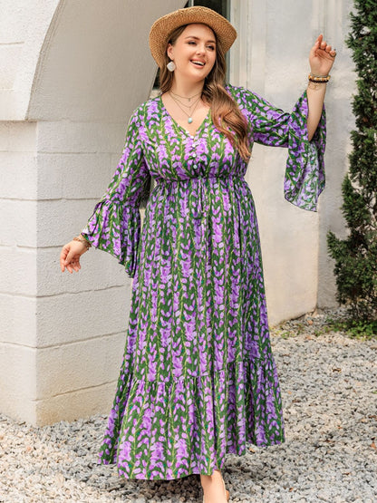 Printed V-Neck Long Sleeve Maxi Dress