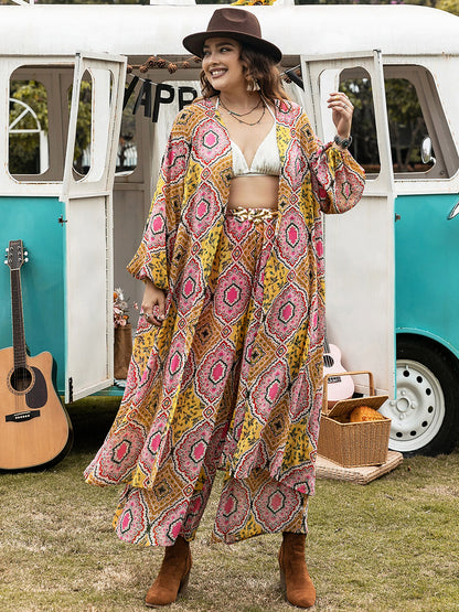 Printed Open Front Cover Up and Pants Set