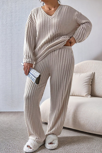 Ribbed V-Neck Drop Shoulder Top and Pants Set