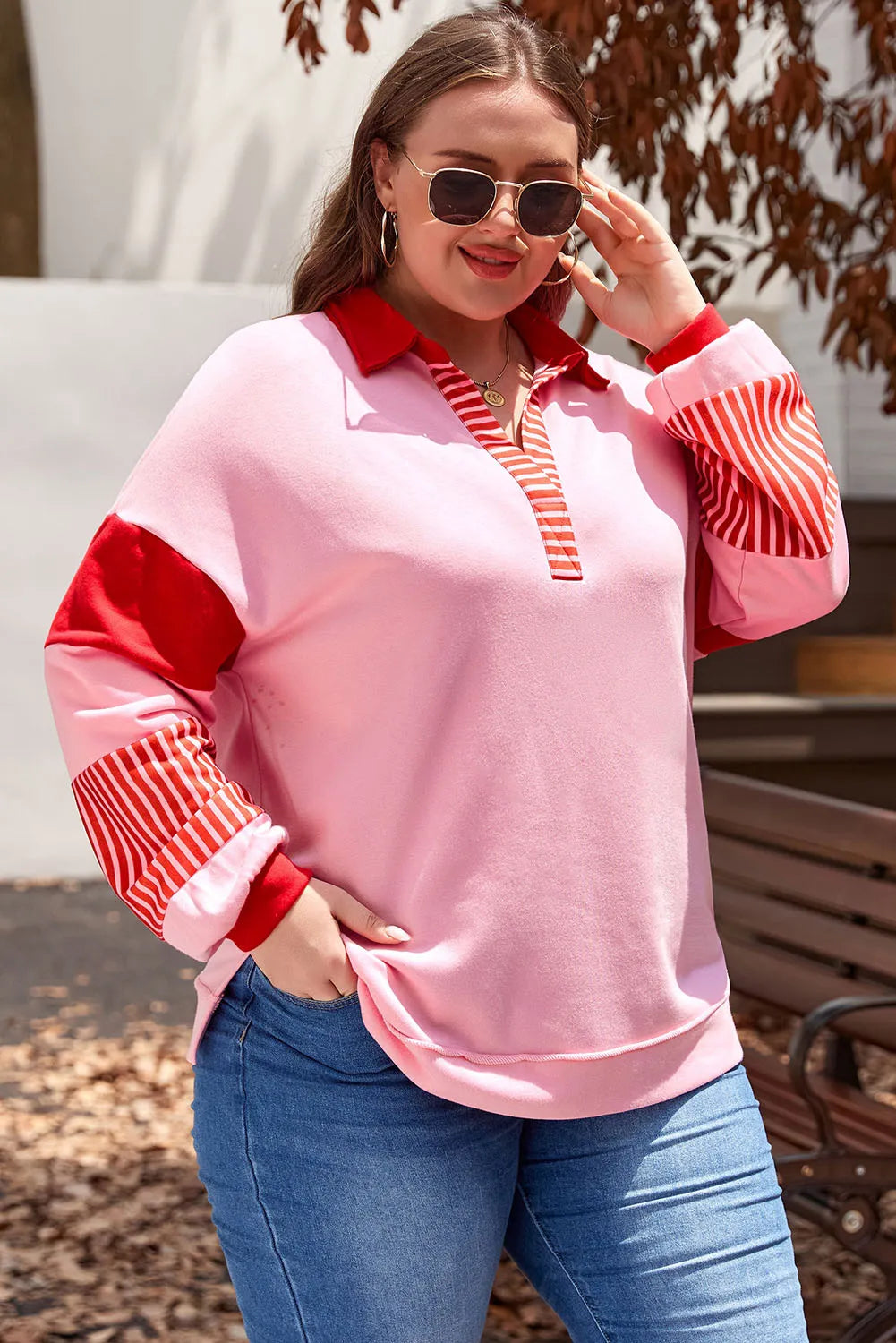 Color Block Johnny Collar Long Sleeve Sweatshirt