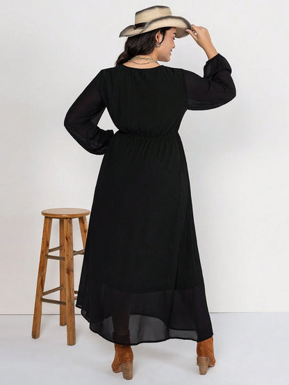 Embroidered Tie Neck Long Sleeve Dress