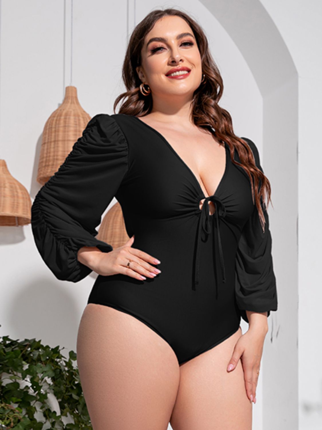 Tied Deep V Balloon Sleeve One-Piece Swimsuit