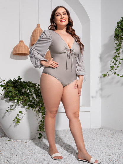 Tied Deep V Balloon Sleeve One-Piece Swimsuit