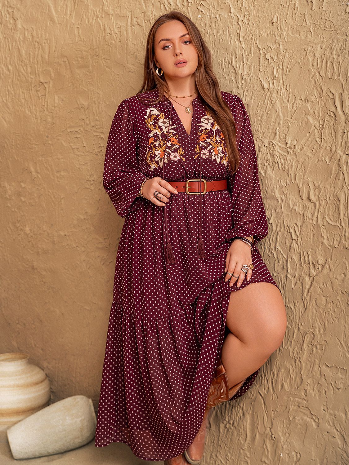 Embroidered Polka Dot Tie Neck Long Sleeve Midi Dress