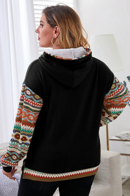 Waffle-Knit Geometric Dropped Shoulder Hoodie