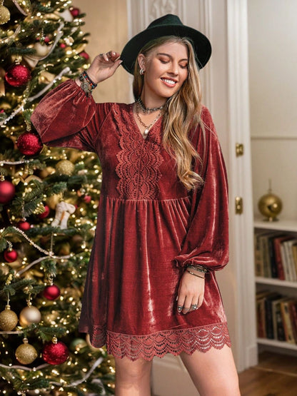 Lace Detail V-Neck Long Sleeve Mini Dress