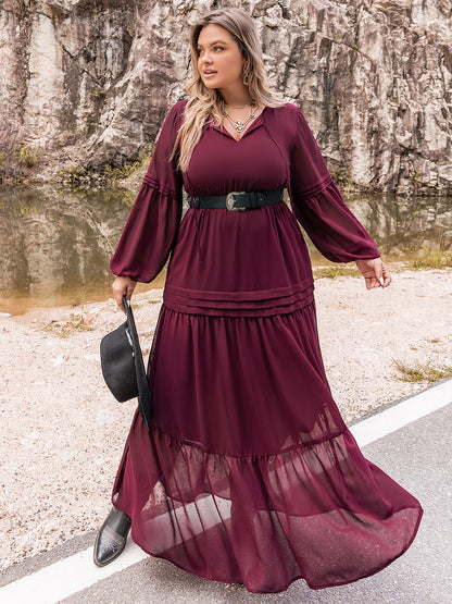 Tie Neck Balloon Sleeve Tiered Dress