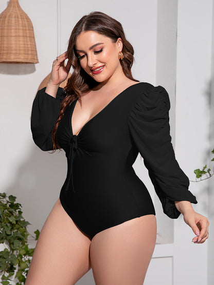 Tied Deep V Balloon Sleeve One-Piece Swimsuit