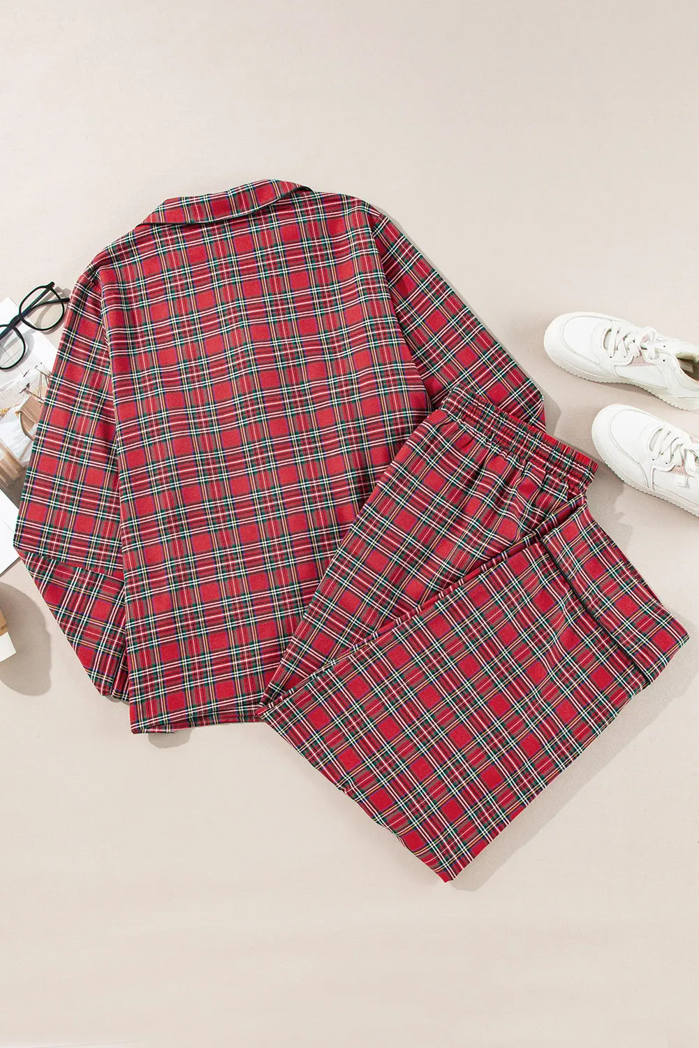 Plaid Collared Neck Top and Pants Lounge Set