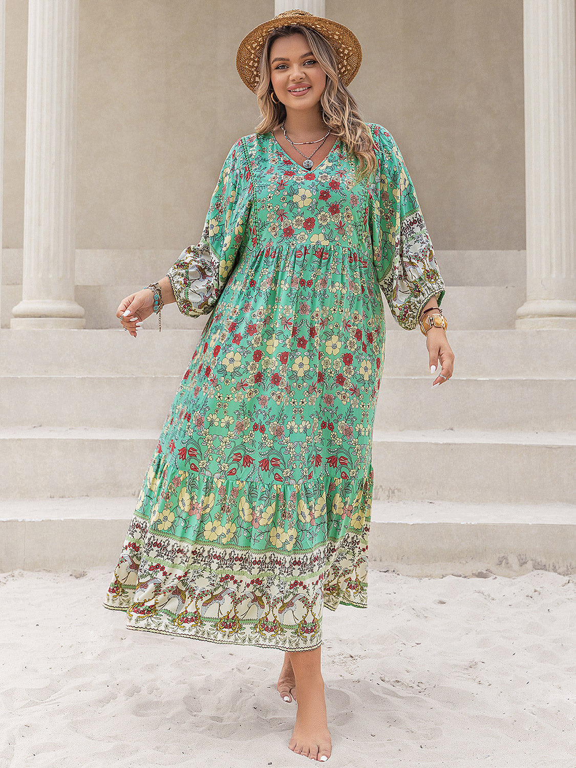 Floral V-Neck Balloon Sleeve Midi Dress