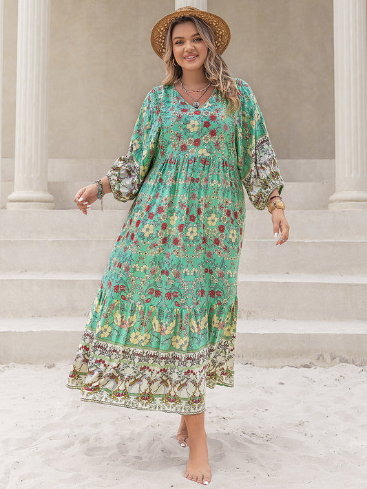 Floral V-Neck Balloon Sleeve Midi Dress