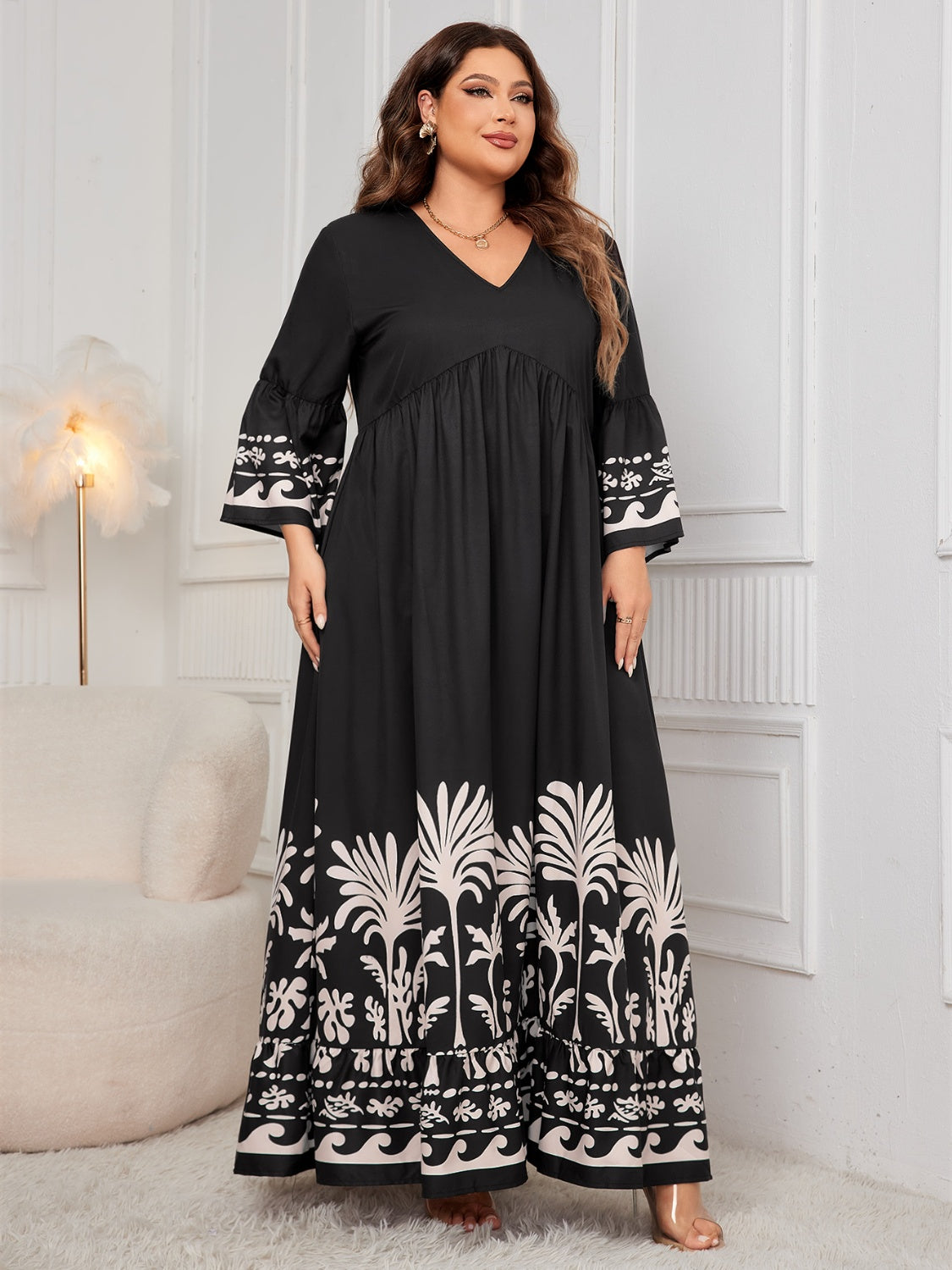 Honey Printed V-Neck Long Sleeve Maxi Dress