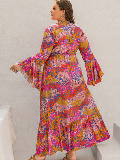 Printed V-Neck Long Sleeve Maxi Dress