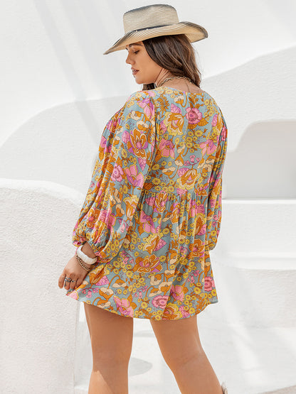 Floral Tie Neck Balloon Sleeve Romper