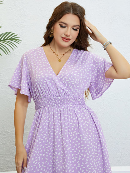 Honey Plus Size Printed Smocked Waist Surplice Dress