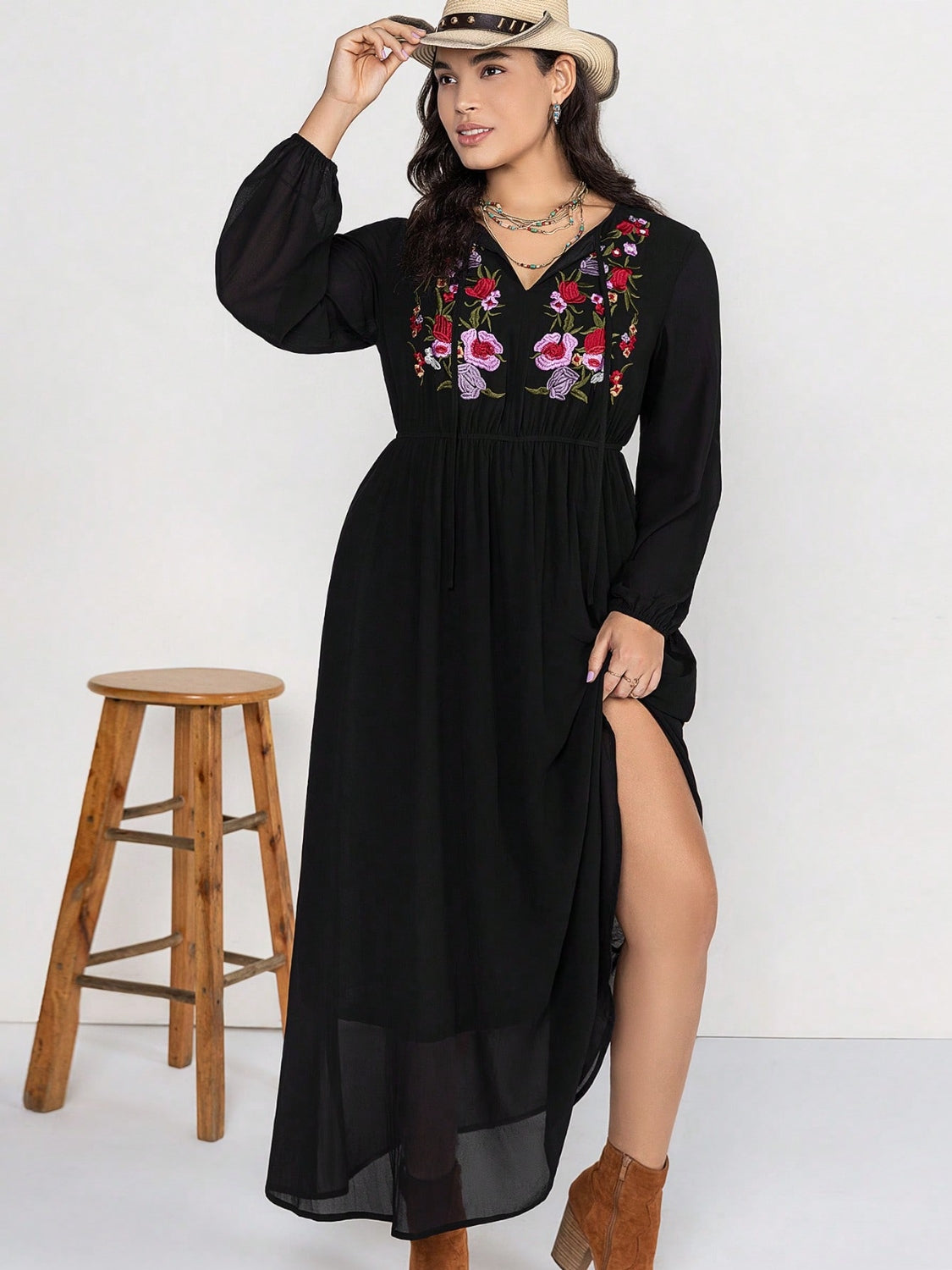 Embroidered Tie Neck Long Sleeve Dress