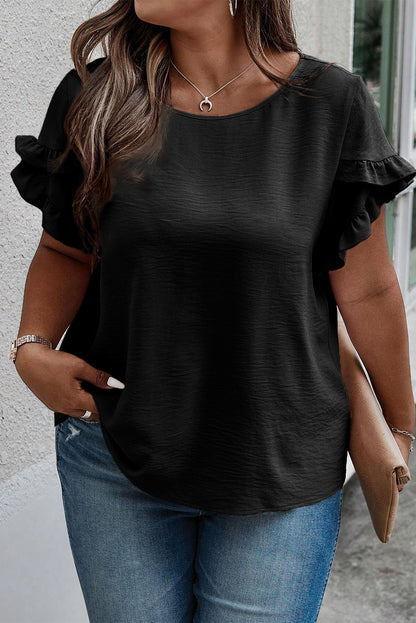 Ruffled Round Neck Short Sleeve Blouse