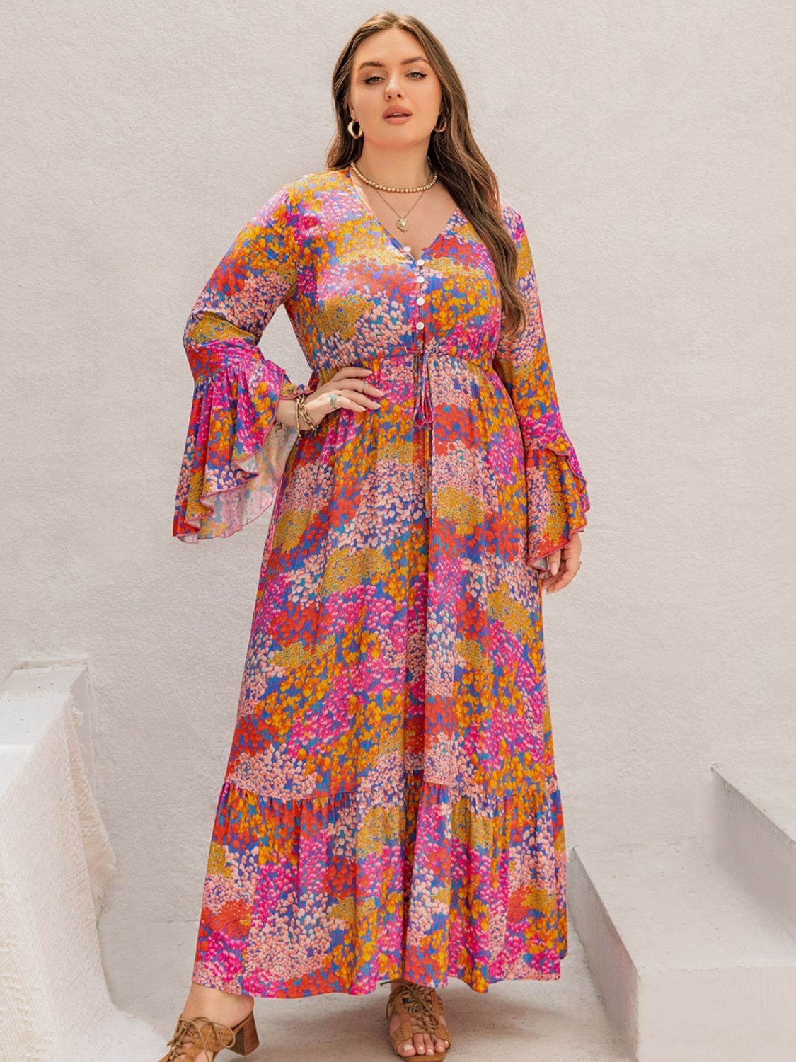 Printed V-Neck Long Sleeve Maxi Dress