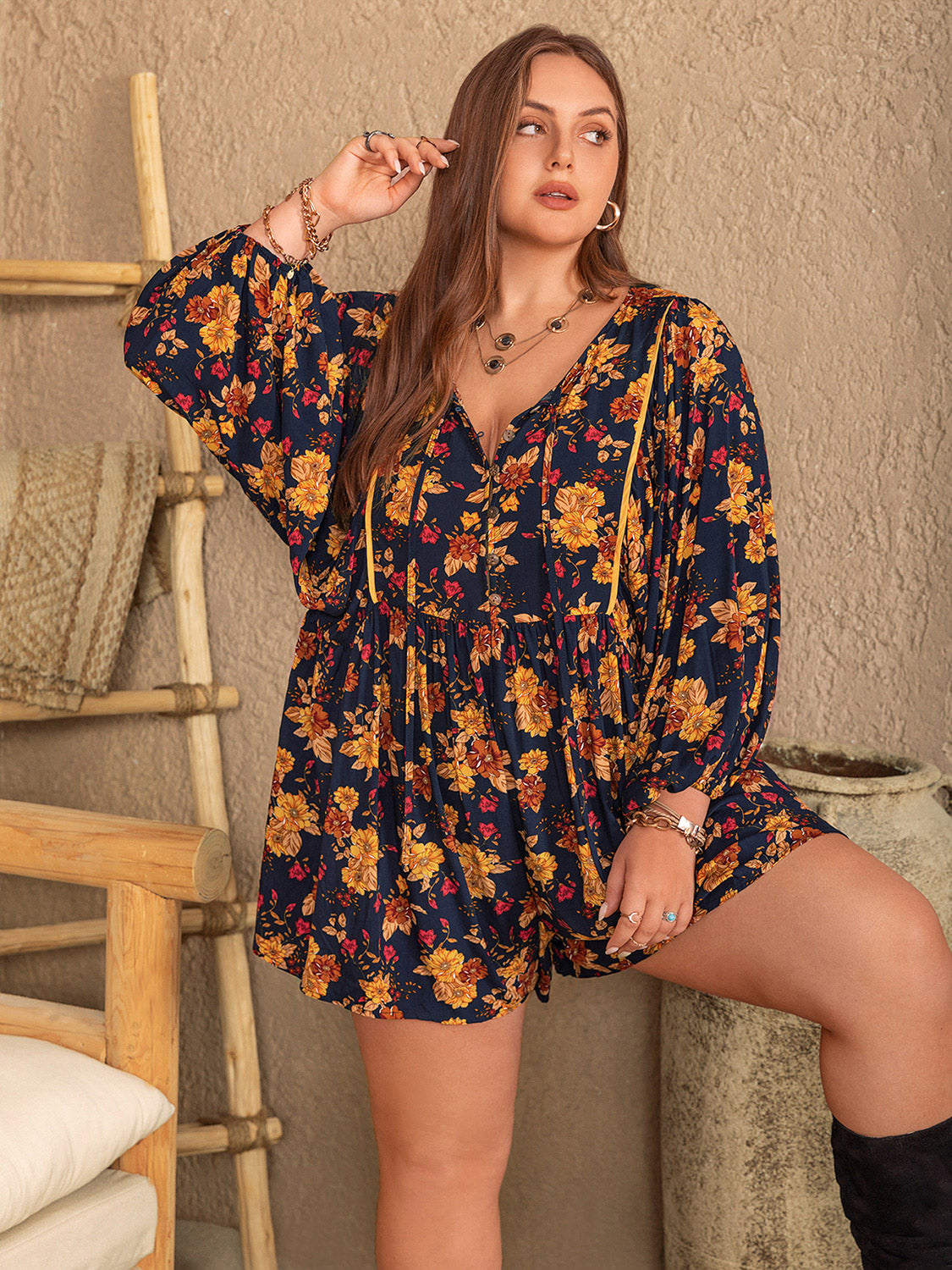 Floral Tie Neck Balloon Sleeve Romper