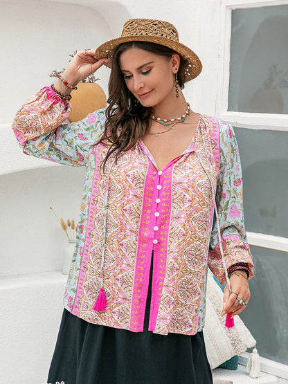 Tie Neck Tassel Printed Blouse