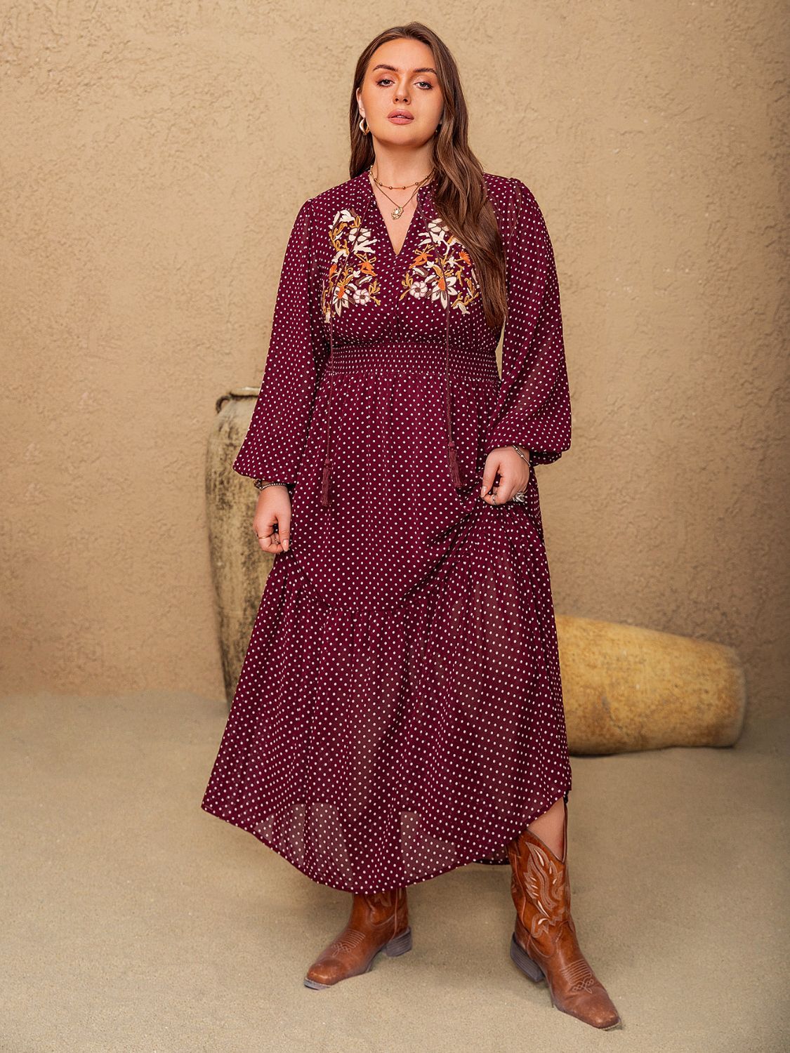 Embroidered Polka Dot Tie Neck Long Sleeve Midi Dress