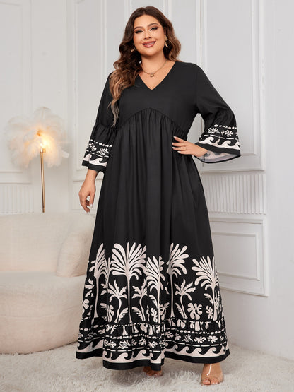 Honey Printed V-Neck Long Sleeve Maxi Dress