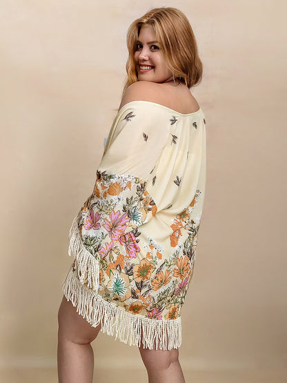 Fringe Printed Open Front Cardigan