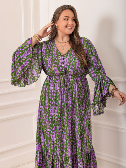 Printed V-Neck Long Sleeve Maxi Dress