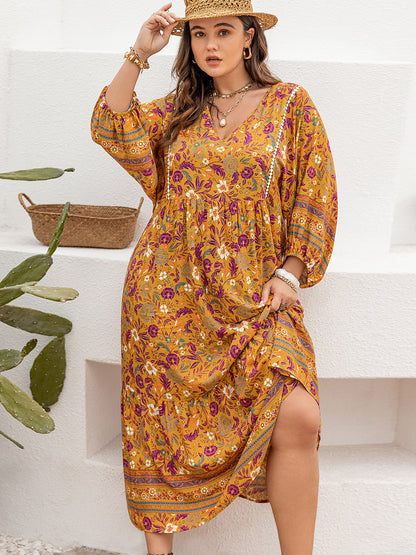 Floral V-Neck Balloon Sleeve Midi Dress