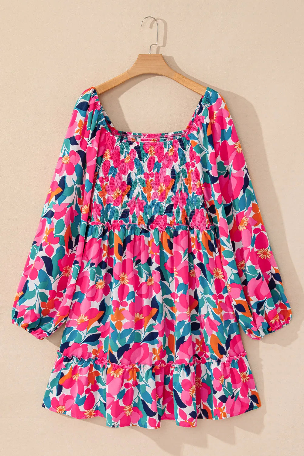 Smocked Floral Square Neck Balloon Sleeve Dress