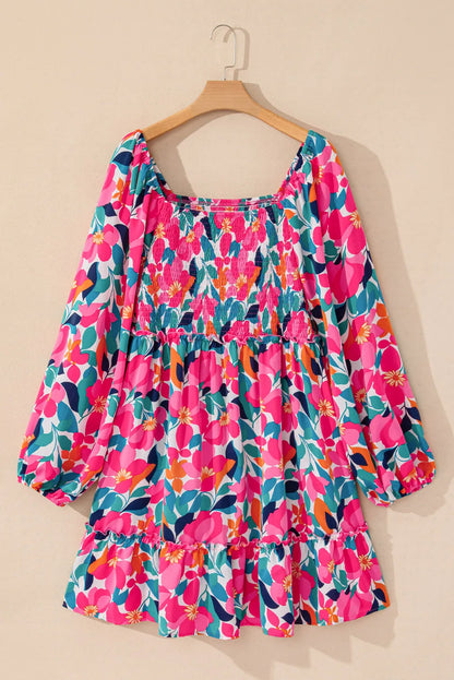 Smocked Floral Square Neck Balloon Sleeve Dress