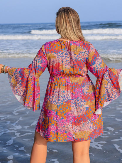 Ruched Printed Long Sleeve Dress