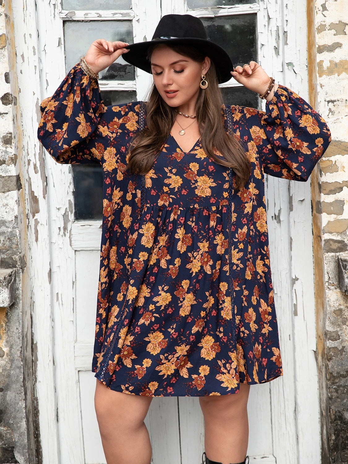 Floral V-Neck Balloon Sleeve Dress