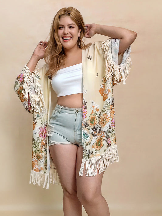 Fringe Printed Open Front Cardigan