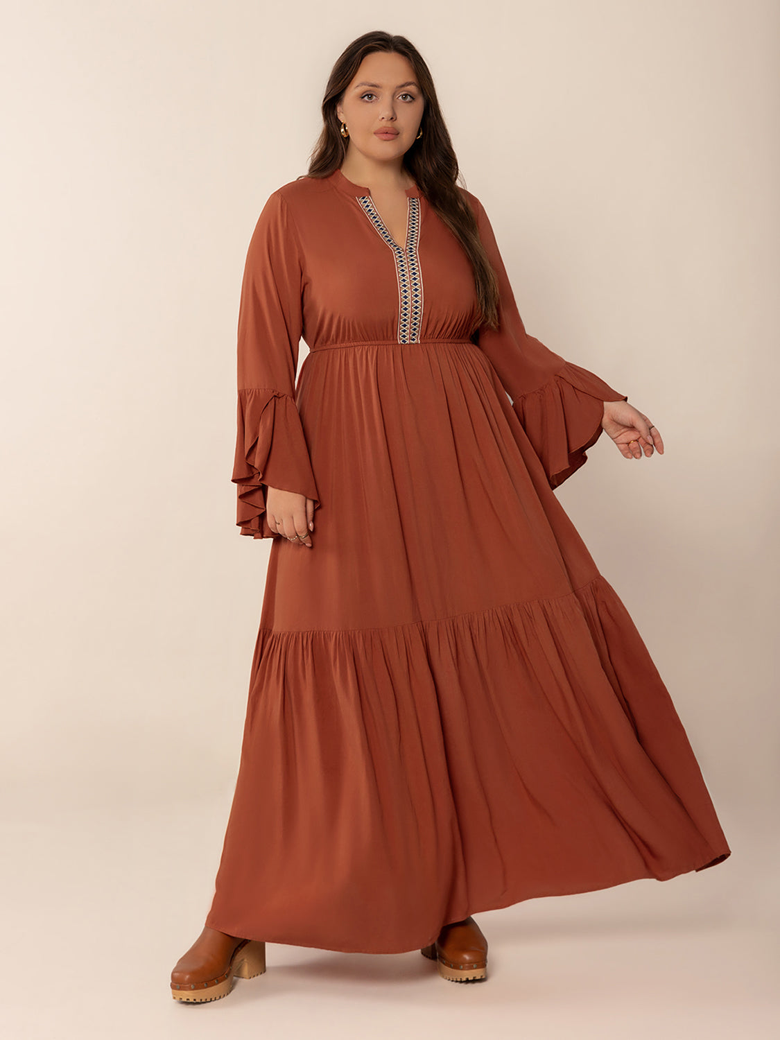 Ruffled Notched Long Sleeve Midi Dress