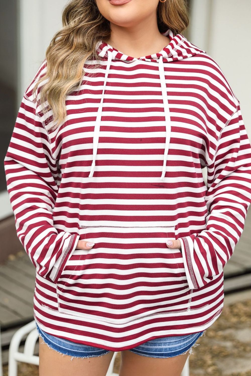 Drawstring Striped Dropped Shoulder Hoodie