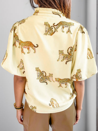 Tiger Printed Notched Blouse