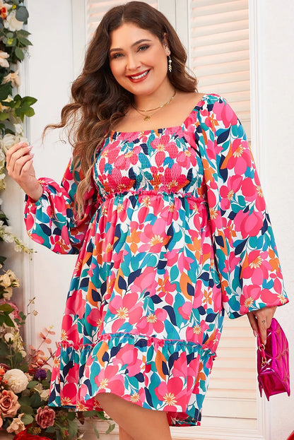 Smocked Floral Square Neck Balloon Sleeve Dress