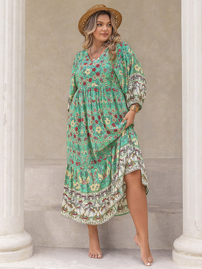 Floral V-Neck Balloon Sleeve Midi Dress