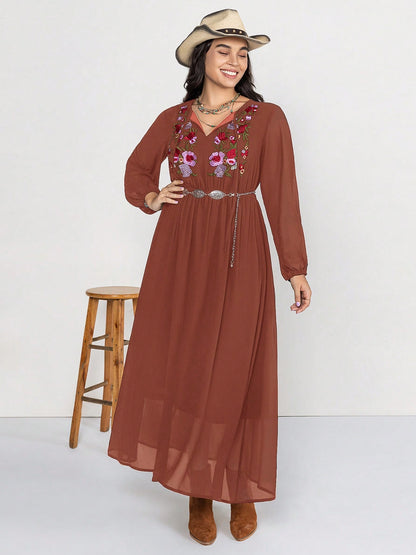 Embroidered Tie Neck Long Sleeve Dress