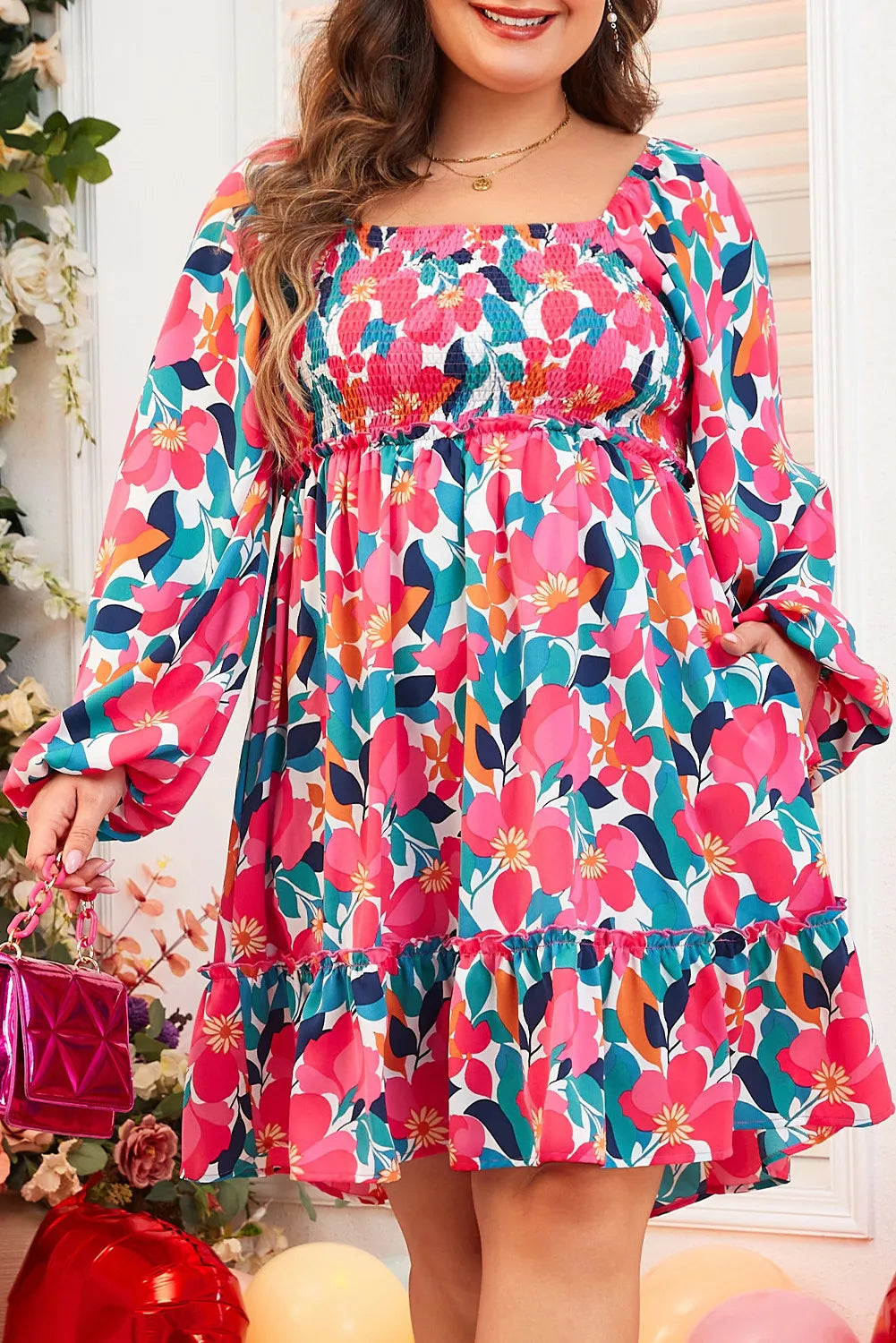 Smocked Floral Square Neck Balloon Sleeve Dress